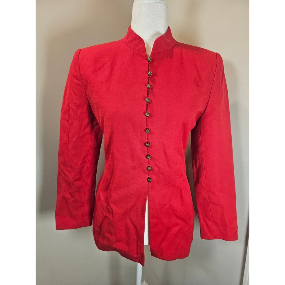 Kasper ASL Petite Red mandarin Collar Blazer Military Knot Button Jacket 6P
